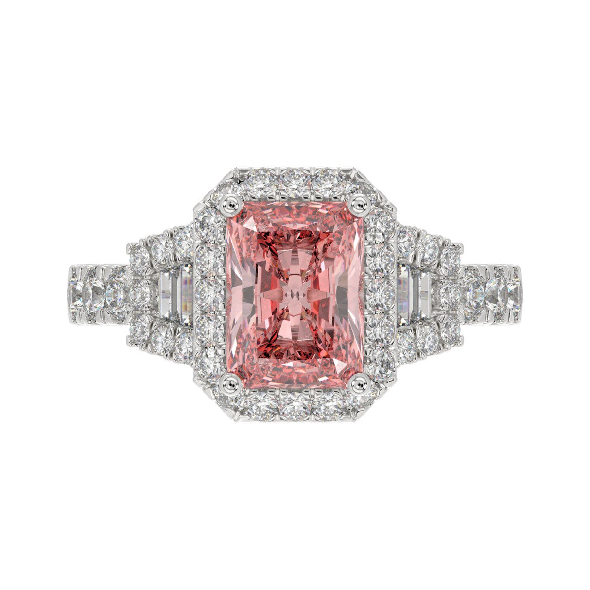 ETERNAL BLUSH COLLECTION 14K WHITE GOLD 2 3/4CT ROUND/BAGUETTE/RADIANT DIAMOND LADIES  RING (CENTER STONE PINK RADIANT DIAMOND 2.00CT)
