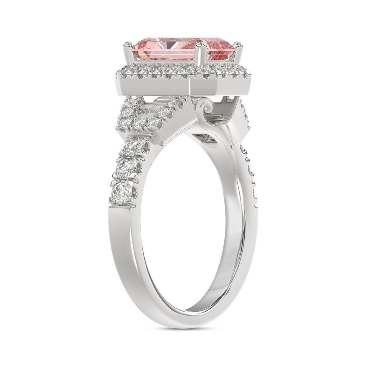 ETERNAL BLUSH COLLECTION 14K WHITE GOLD 2 3/4CT ROUND/BAGUETTE/RADIANT DIAMOND LADIES  RING (CENTER STONE PINK RADIANT DIAMOND 2.00CT)