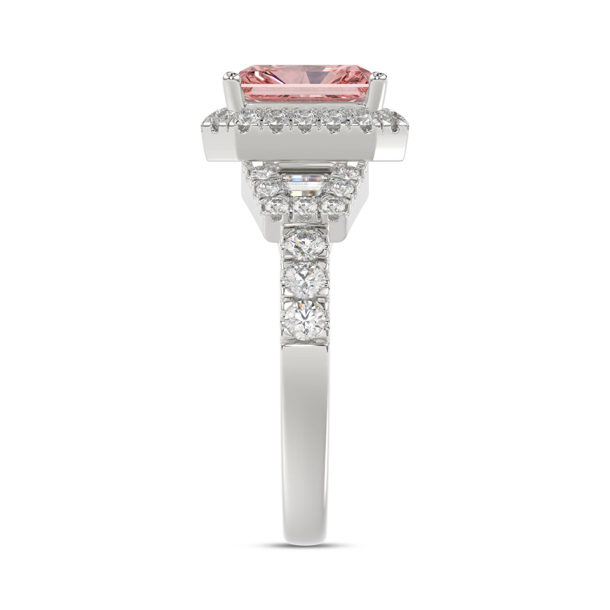 ETERNAL BLUSH COLLECTION 14K WHITE GOLD 2 3/4CT ROUND/BAGUETTE/RADIANT DIAMOND LADIES  RING (CENTER STONE PINK RADIANT DIAMOND 2.00CT)