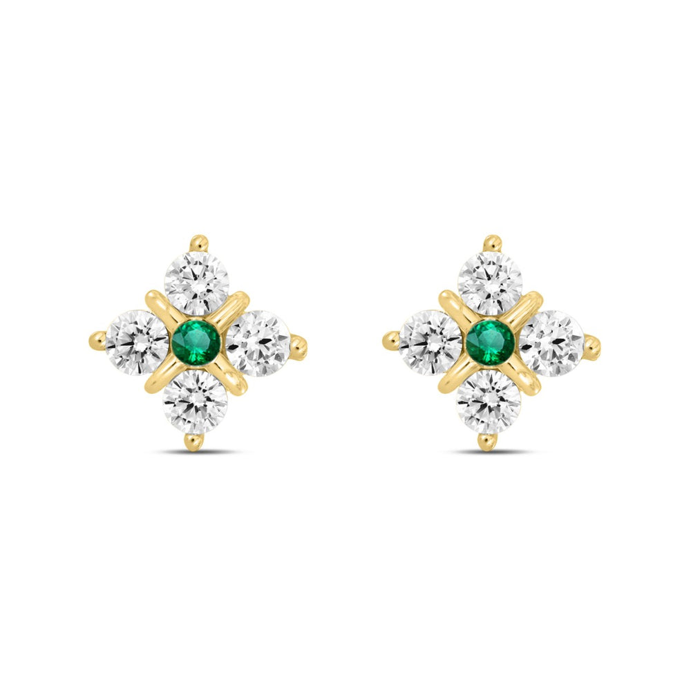 14K YELLOW GOLD 1 1/2CT ROUND DIAMOND LADIES EARRINGS (GREEN EMERALD ROUND 2 STONE)