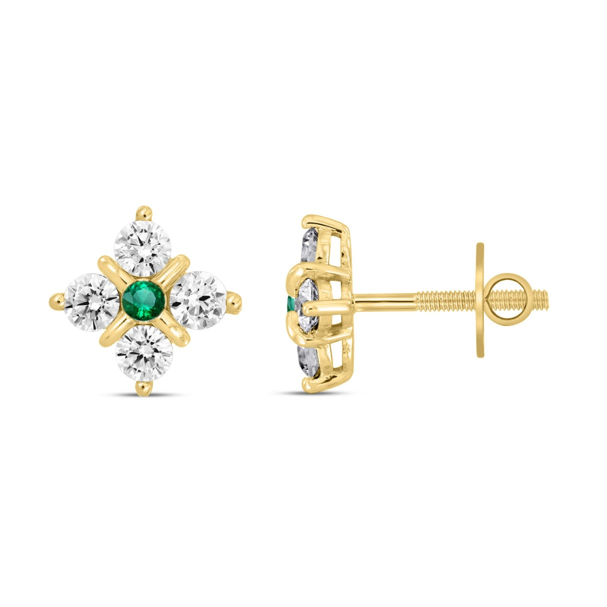 14K YELLOW GOLD 1 1/2CT ROUND DIAMOND LADIES EARRINGS (GREEN EMERALD ROUND 2 STONE)