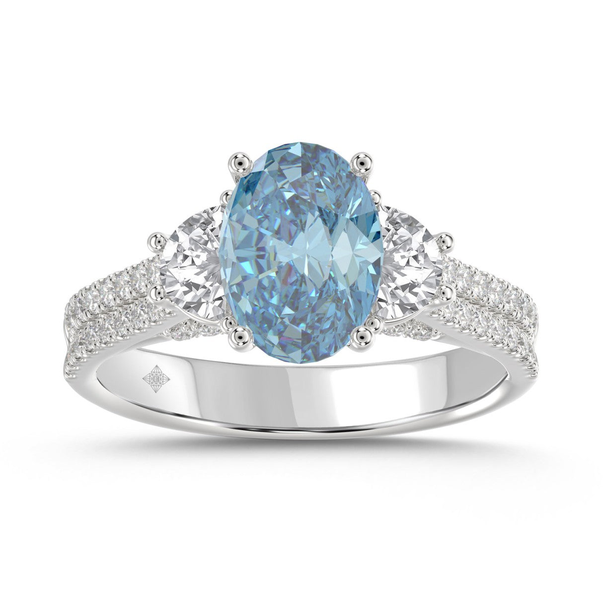 14K WHITE GOLD 3.00CT ROUND/OVAL/HALF MOON DIAMOND LADIES RING (CENTER STONE BLUE OVAL DIAMOND 2CT)