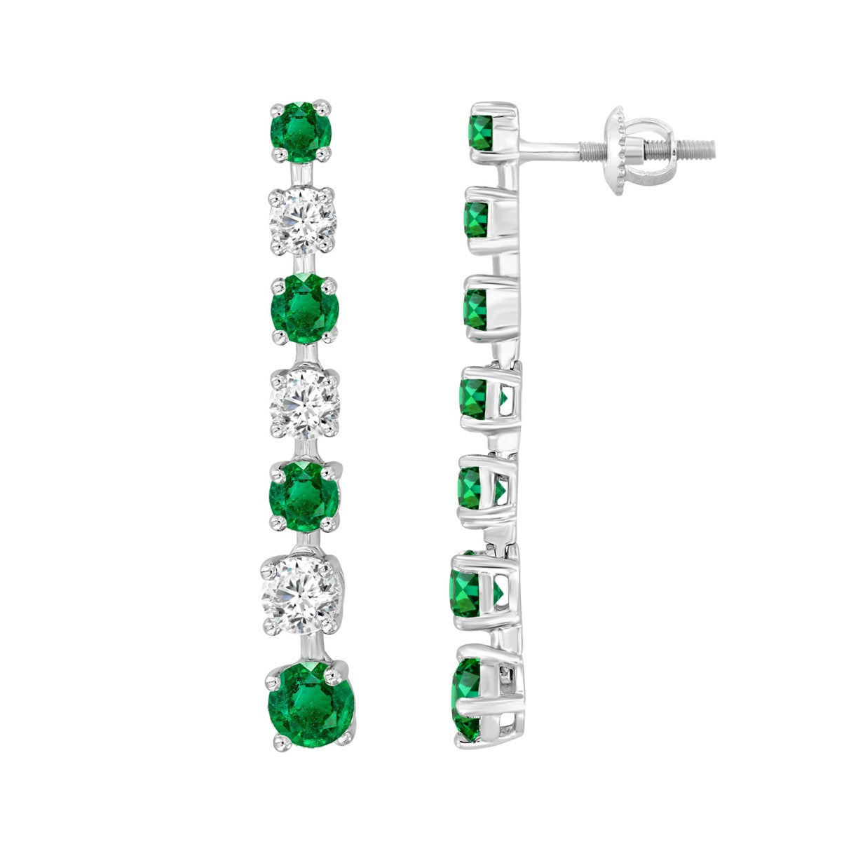 14K WHITE GOLD 3.00CT ROUND DIAMOND LADIES EARRINGS (GREEN EMERALD ROUND 2 1/5CT)
