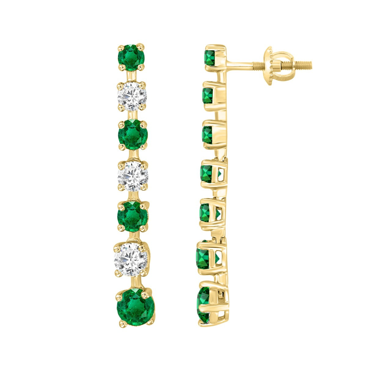 14K YELLOW GOLD 3.00CT ROUND DIAMOND LADIES EARRINGS (GREEN EMERALD ROUND 2 1/5CT)