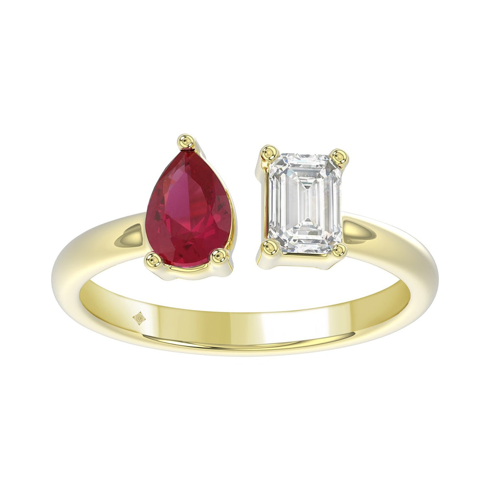 14K YELLOW GOLD 1.00CT EMERALD/PEAR RUBY DIAMOND LADIES RING