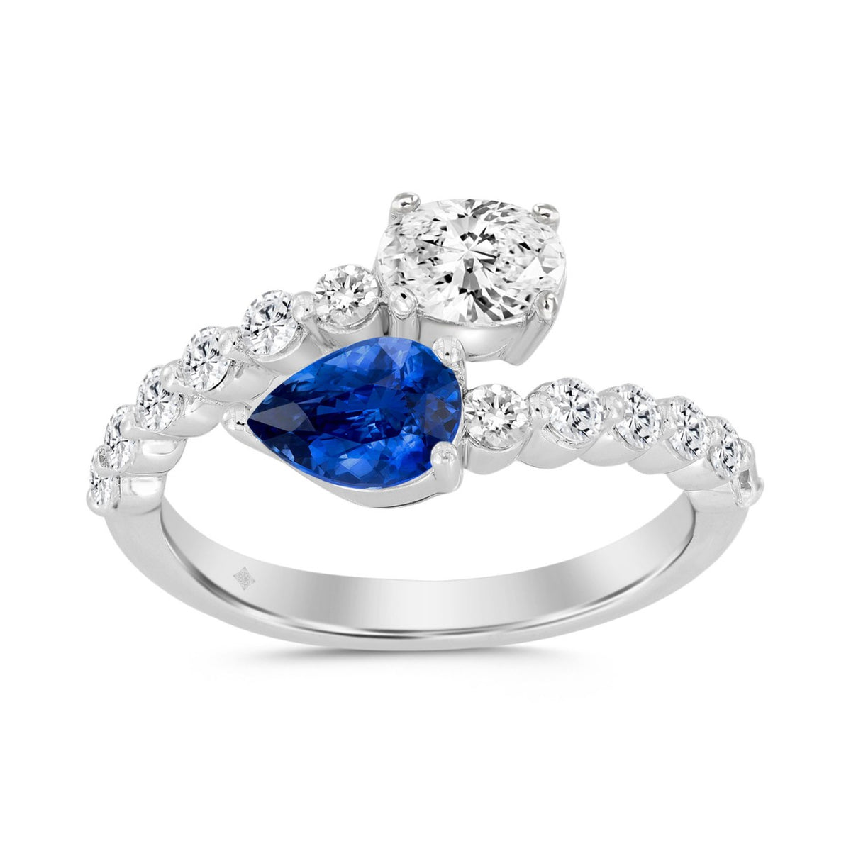 LADIES RING 1 1/2CT ROUND/PEAR BLUE/OVAL DIAMOND 14K WHITE GOLD 