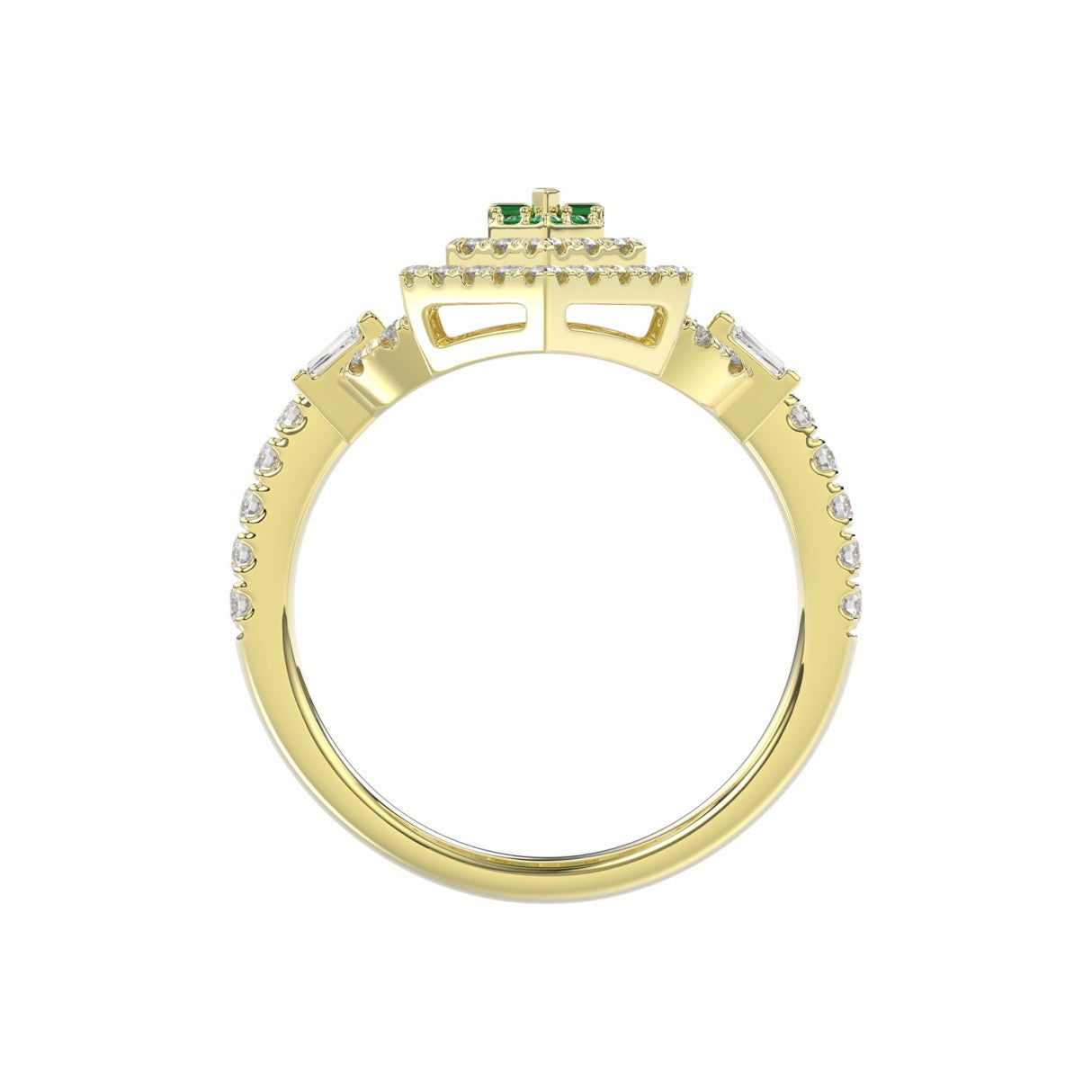 14K YELLOW GOLD 1 1/6CT ROUND/BAGUETTE/EMERALD DIAMOND LADIES RING (GREEN EMERALD BAGUETTE DIAMOND 1/6CT)