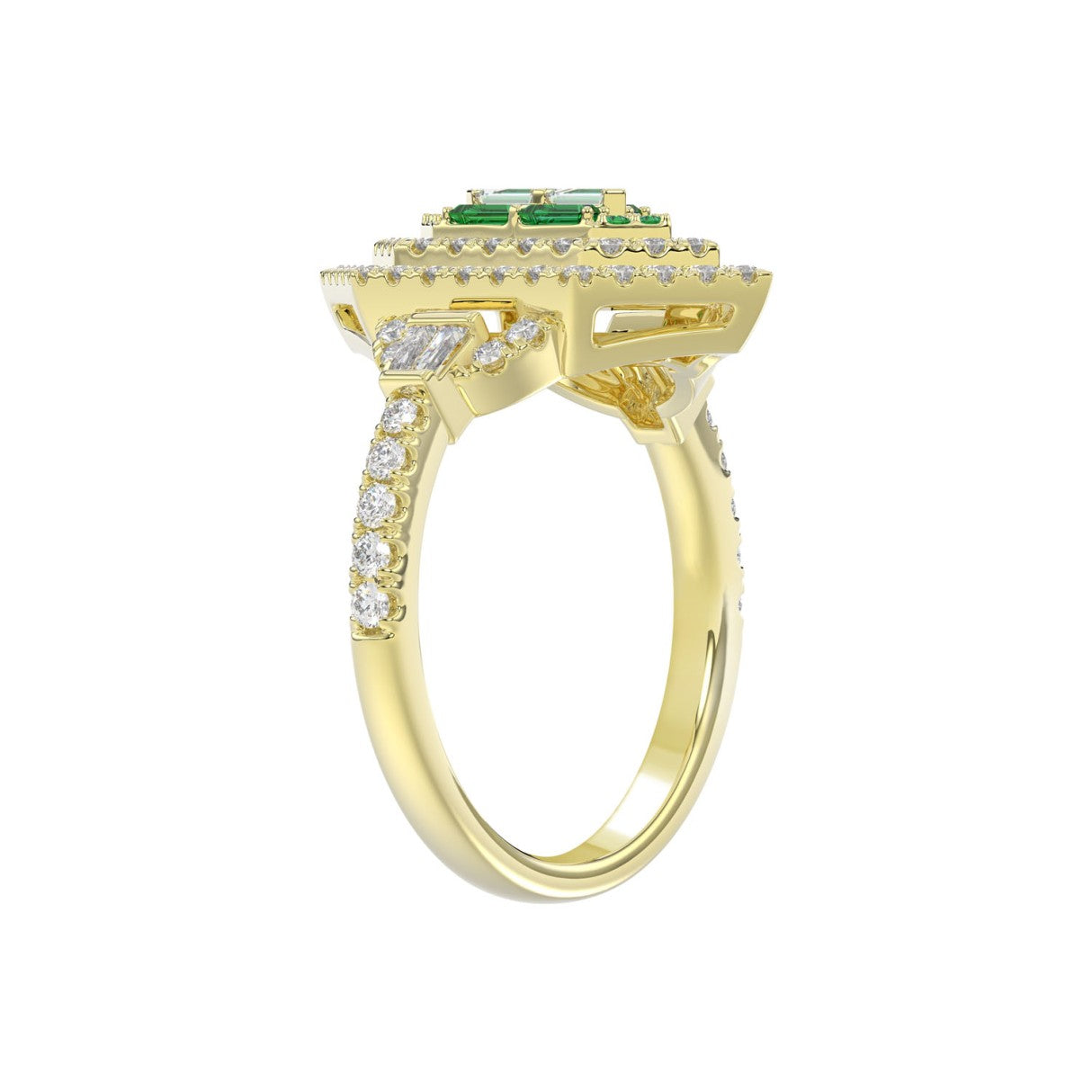 14K YELLOW GOLD 1 1/6CT ROUND/BAGUETTE/EMERALD DIAMOND LADIES RING (GREEN EMERALD BAGUETTE DIAMOND 1/6CT)