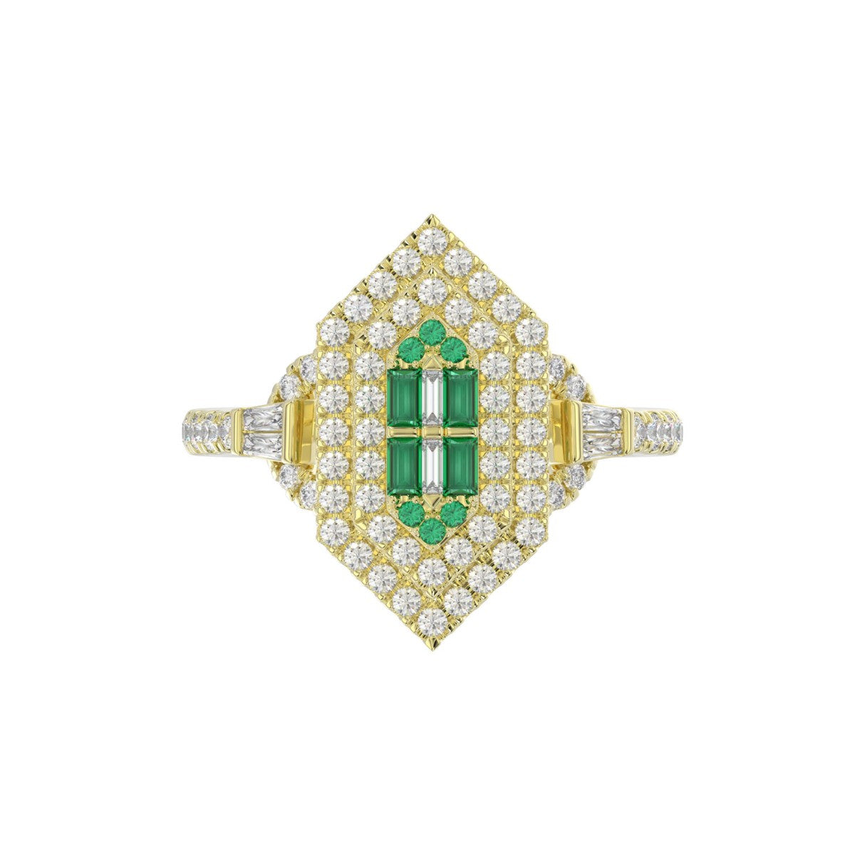 14K YELLOW GOLD 1 1/6CT ROUND/BAGUETTE/EMERALD DIAMOND LADIES RING (GREEN EMERALD BAGUETTE DIAMOND 1/6CT)