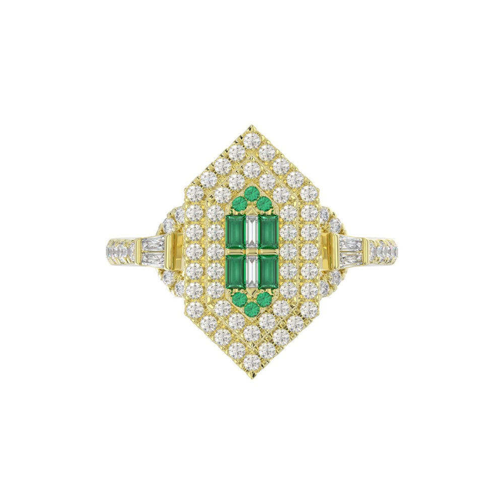 14K YELLOW GOLD 1 1/6CT ROUND/BAGUETTE/EMERALD DIAMOND LADIES RING (GREEN EMERALD BAGUETTE DIAMOND 1/6CT)