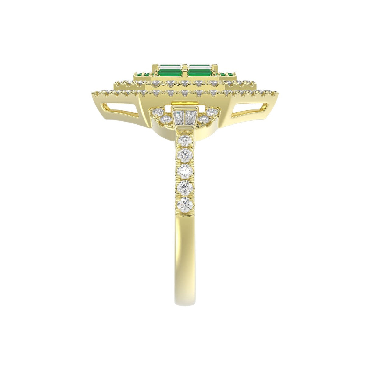 14K YELLOW GOLD 1 1/6CT ROUND/BAGUETTE/EMERALD DIAMOND LADIES RING (GREEN EMERALD BAGUETTE DIAMOND 1/6CT)