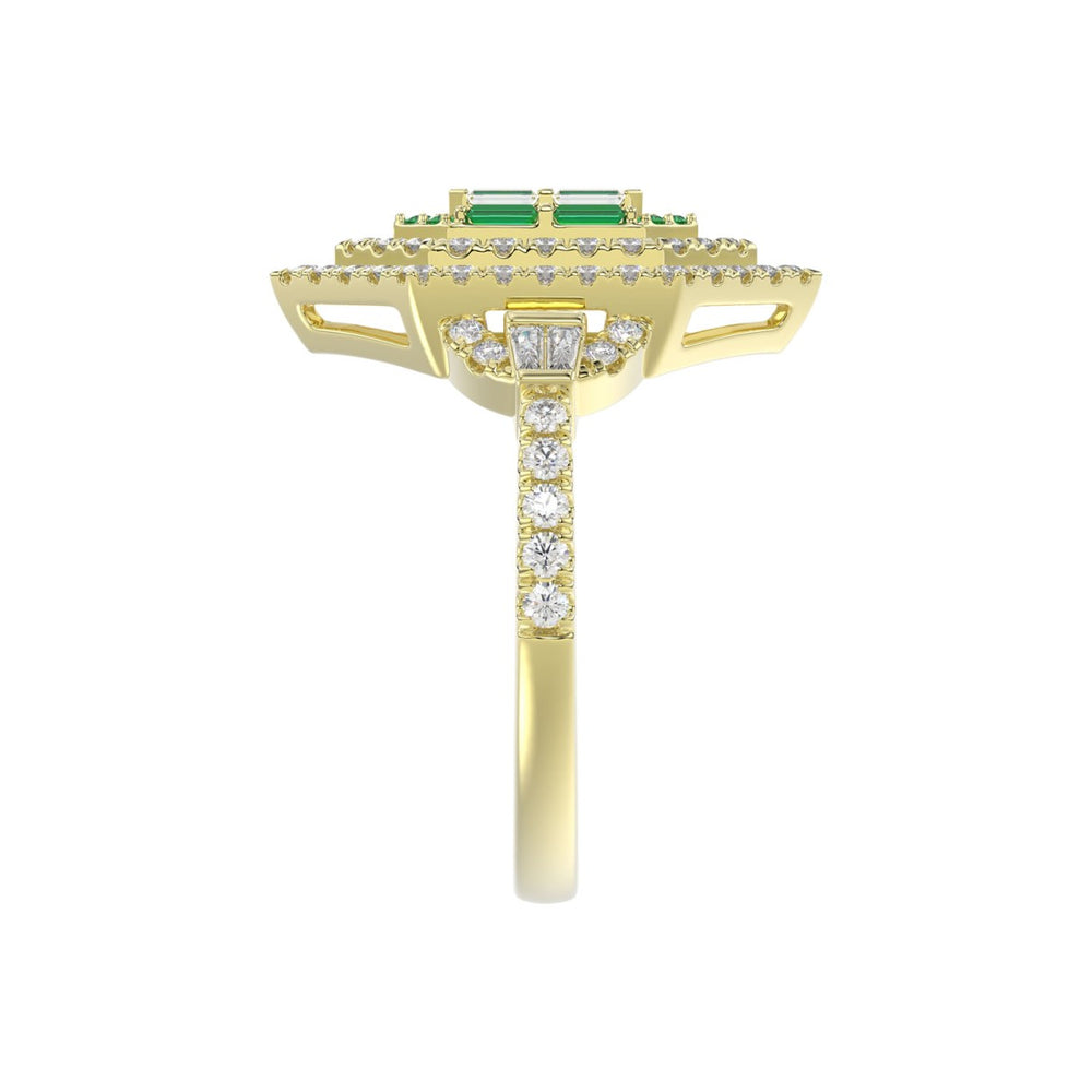 14K YELLOW GOLD 1 1/6CT ROUND/BAGUETTE/EMERALD DIAMOND LADIES RING (GREEN EMERALD BAGUETTE DIAMOND 1/6CT)