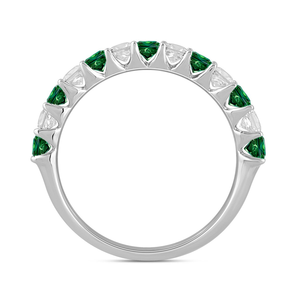14K White Gold 1.00 CT Princess Green Emerald &amp; White Diamond Alternating Band Ring