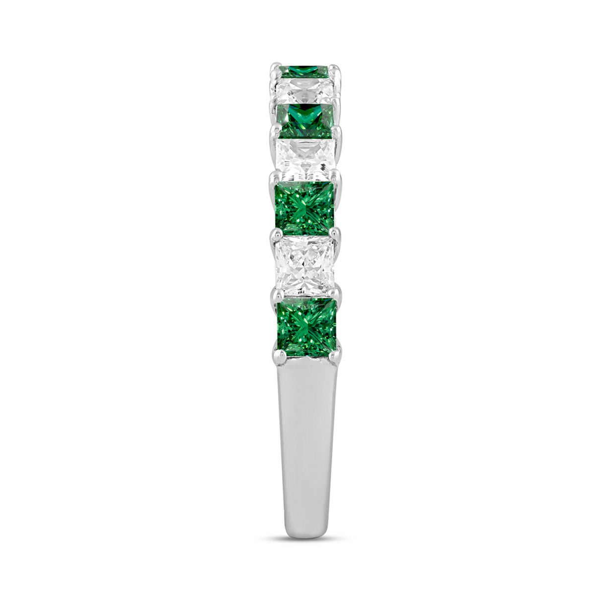 14K White Gold 1.00 CT Princess Green Emerald &amp; White Diamond Alternating Band Ring