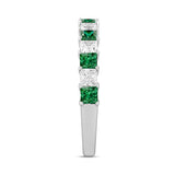 14K White Gold 1.00 CT Princess Green Emerald &amp; White Diamond Alternating Band Ring