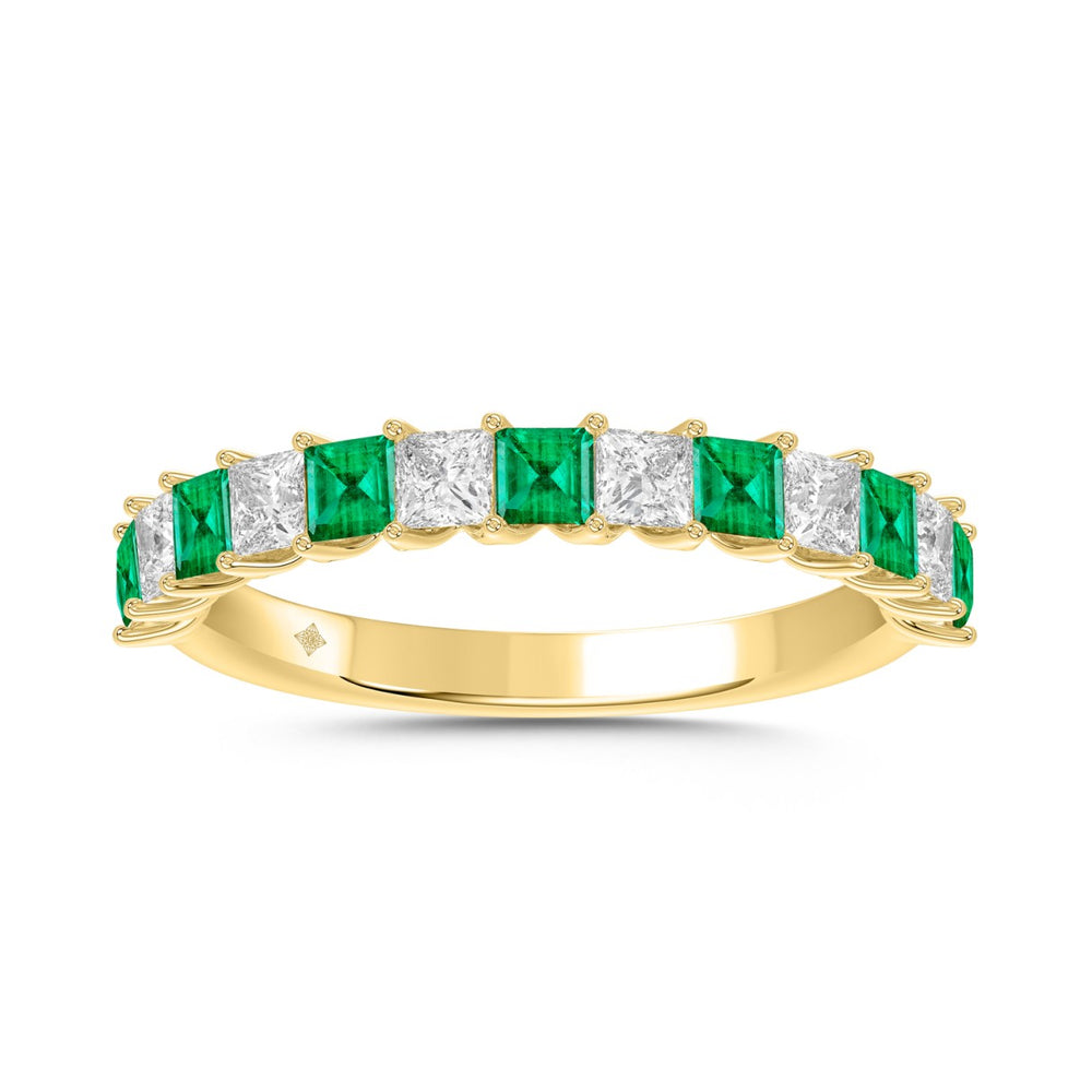 14K Yellow Gold 1.00 CT Princess Green Emerald &amp; White Diamond Alternating Band Ring