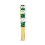 14K Yellow Gold 1.00 CT Princess Green Emerald &amp; White Diamond Alternating Band Ring