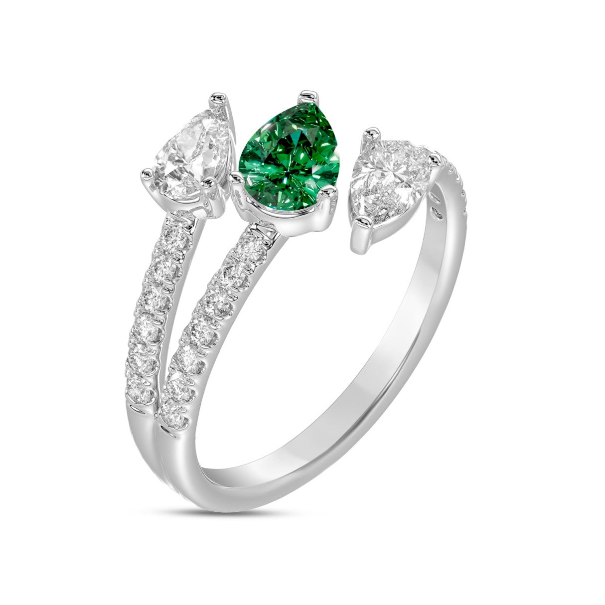 14K WHITE GOLD 1 1/4CT ROUND/PEAR EMERALD GREEN DIAMOND LADIES RING (GREEN EMERALD PEAR 1/2CT)
