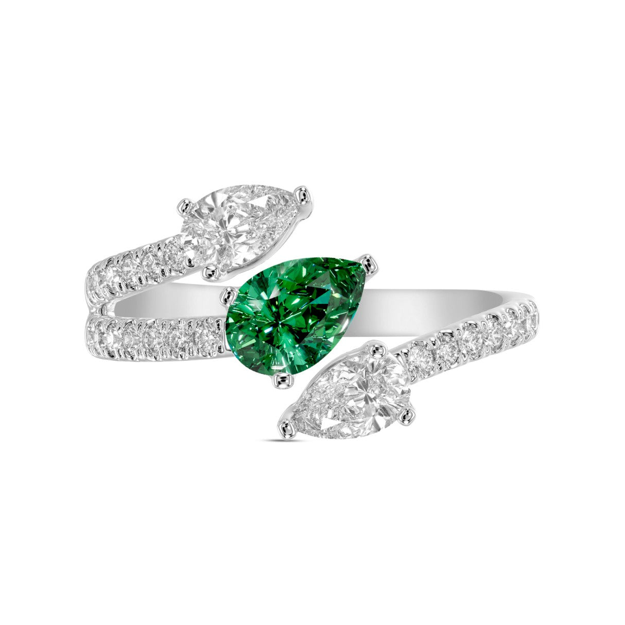 14K WHITE GOLD 1 1/4CT ROUND/PEAR EMERALD GREEN DIAMOND LADIES RING (GREEN EMERALD PEAR 1/2CT)
