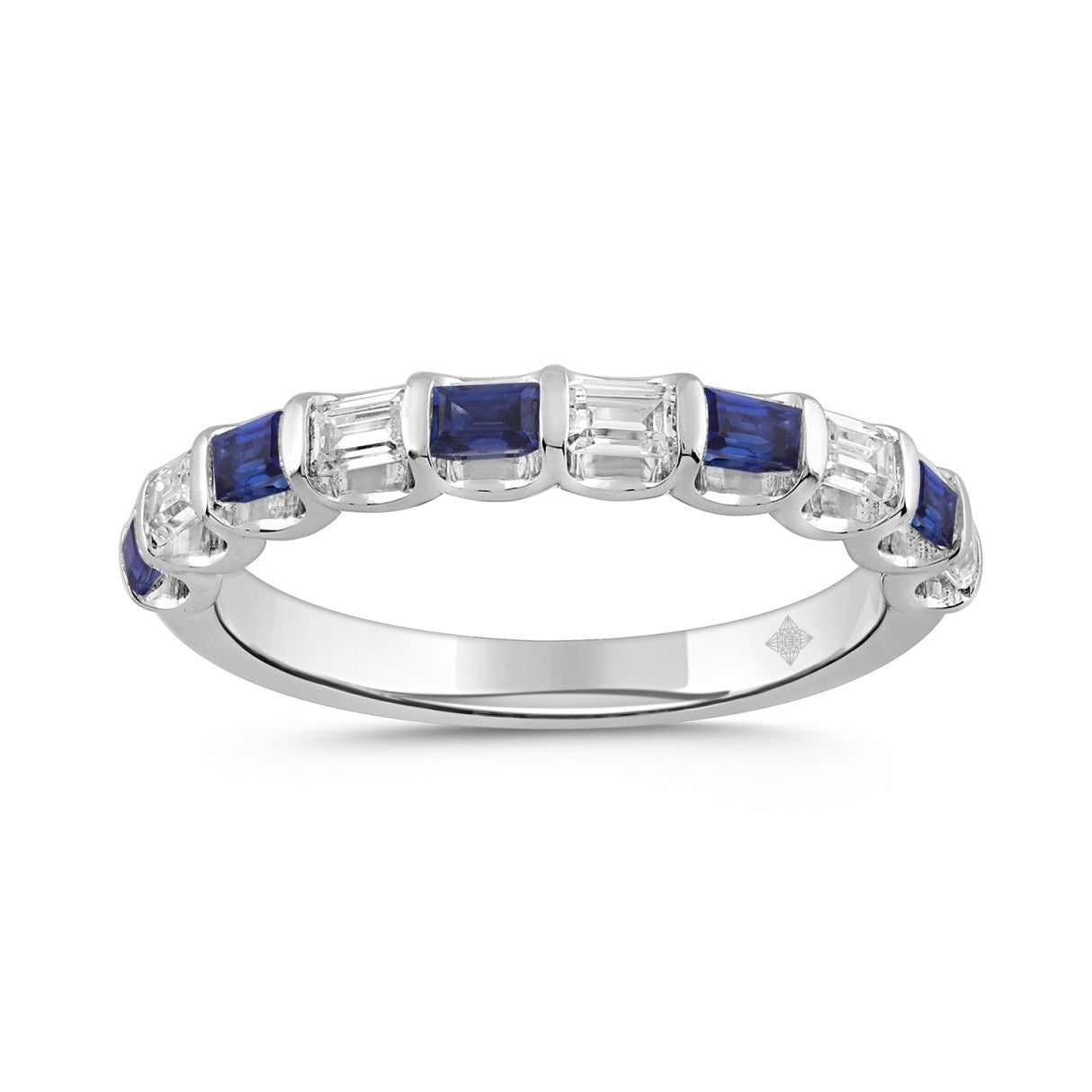 14K White Gold 1.00 CT Emerald Blue Sapphire &amp; White Diamond Alternating Band Ring