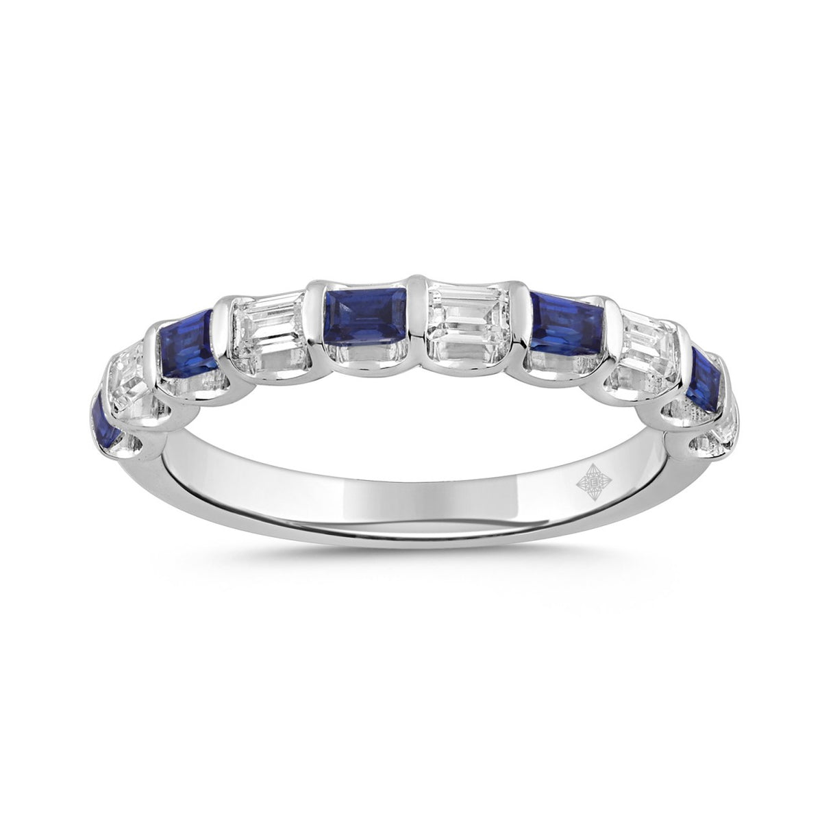 14K White Gold 1.00 CT Emerald Blue Sapphire &amp; White Diamond Alternating Band Ring