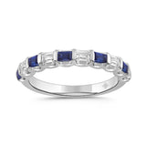 14K White Gold 1.00 CT Emerald Blue Sapphire &amp; White Diamond Alternating Band Ring