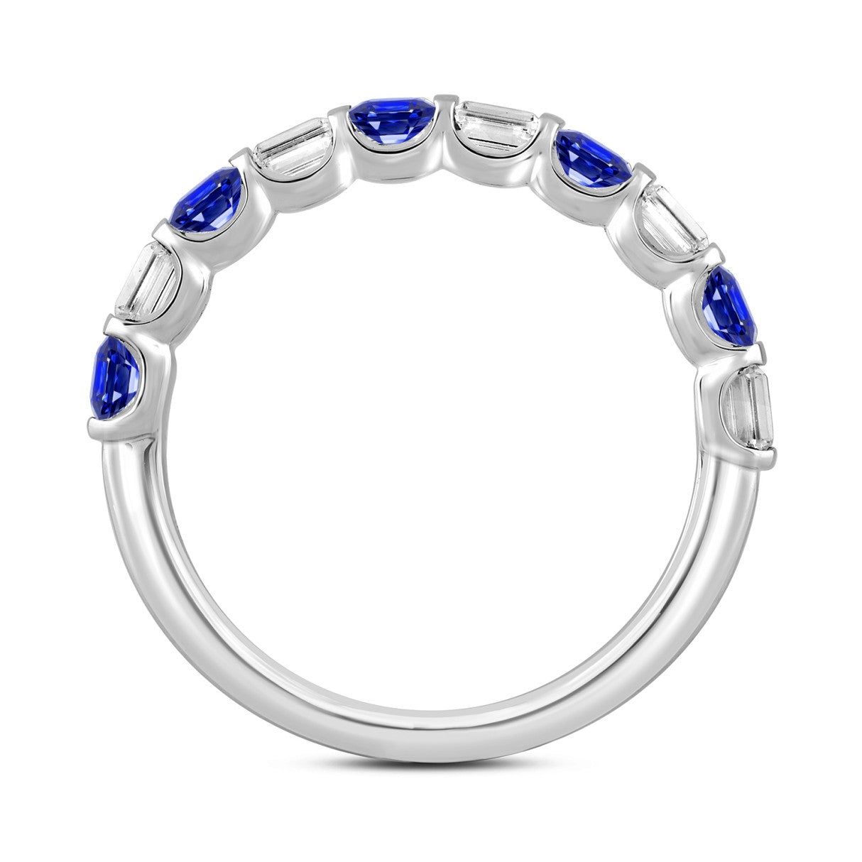 14K White Gold 1.00 CT Emerald Blue Sapphire &amp; White Diamond Alternating Band Ring