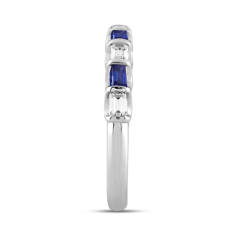14K White Gold 1.00 CT Emerald Blue Sapphire &amp; White Diamond Alternating Band Ring