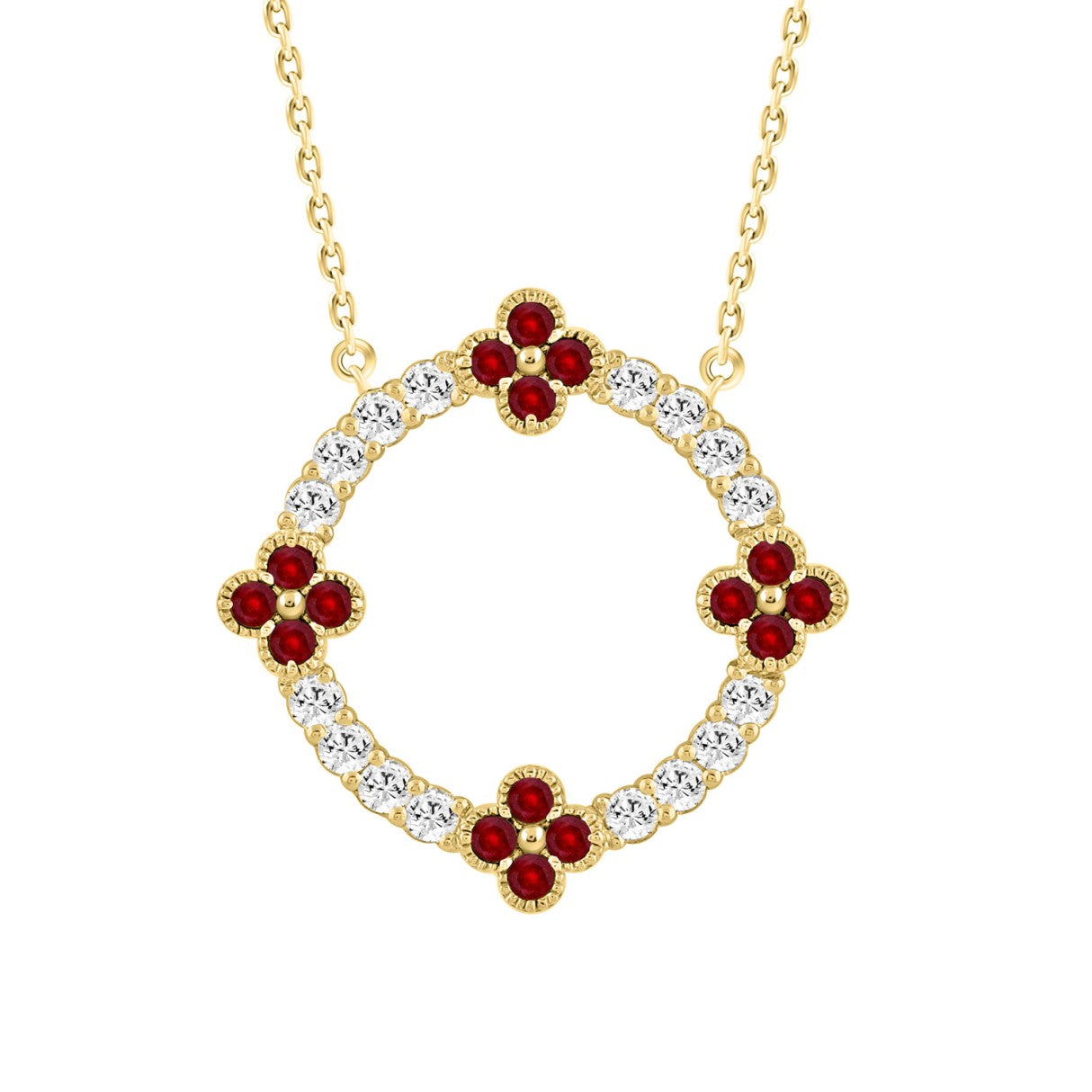 14K YELLOW GOLD 5/8CT ROUND/ROUND RUBY DIAMOND LADIES PENDANT WITH CHAIN