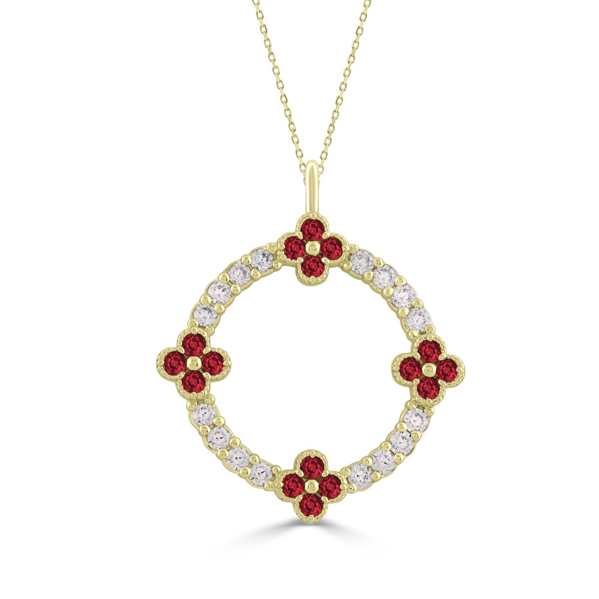 14K YELLOW GOLD 5/8CT ROUND/ROUND RUBY DIAMOND LADIES PENDANT WITH CHAIN