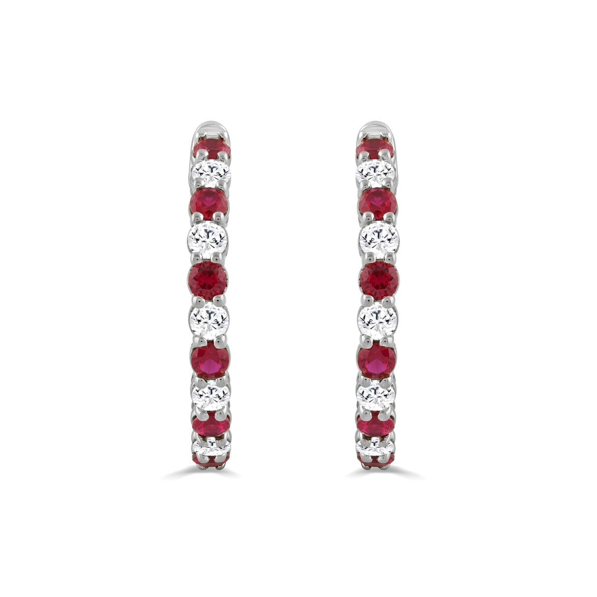14K WHITE GOLD 3 3/8CT ROUND/RUBY ROUND DIAMOND LADIES HOOPS EARRING