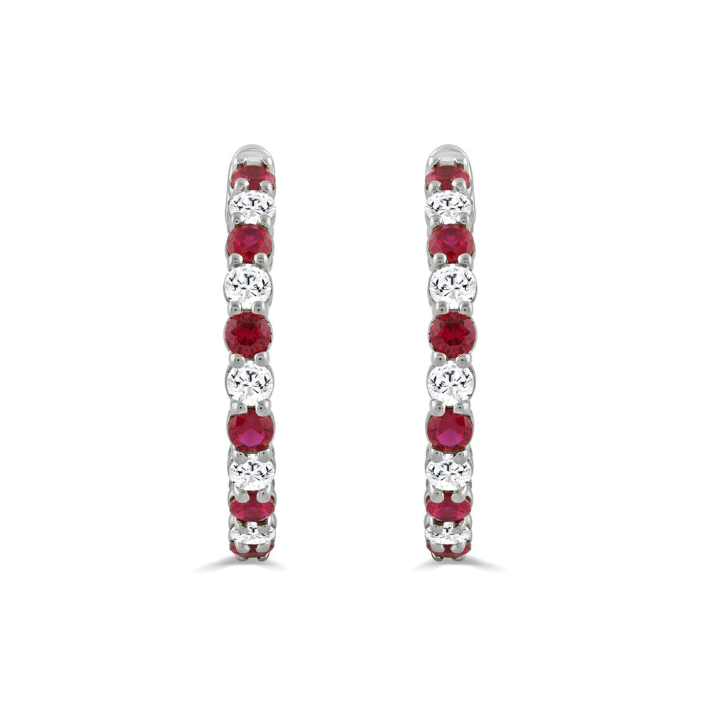 14K WHITE GOLD 3 3/8CT ROUND/RUBY ROUND DIAMOND LADIES HOOPS EARRING