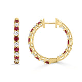 14K YELLOW GOLD 3 3/8CT ROUND/RUBY ROUND DIAMOND LADIES HOOPS EARRING