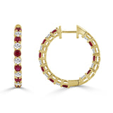 14K YELLOW GOLD 3 3/8CT ROUND/RUBY ROUND DIAMOND LADIES HOOPS EARRING