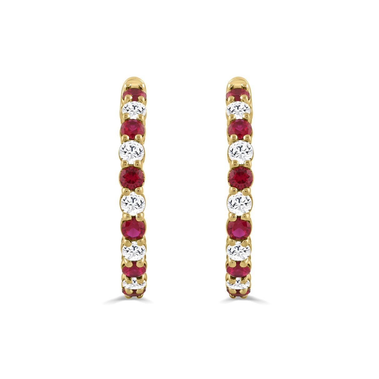 14K YELLOW GOLD 3 3/8CT ROUND/RUBY ROUND DIAMOND LADIES HOOPS EARRING