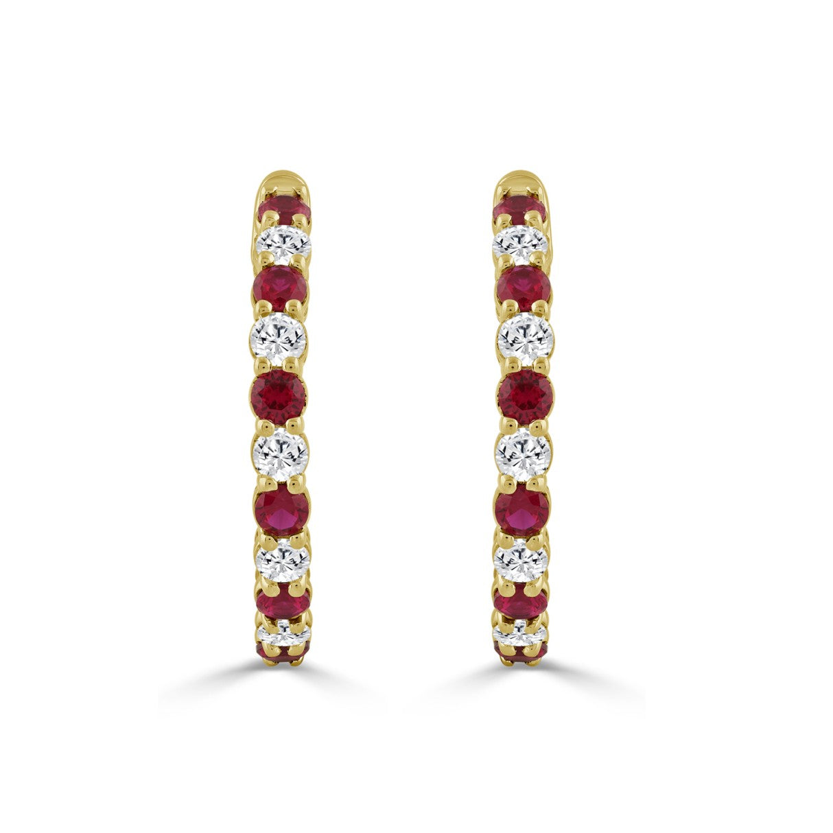 14K YELLOW GOLD 3 3/8CT ROUND/RUBY ROUND DIAMOND LADIES HOOPS EARRING
