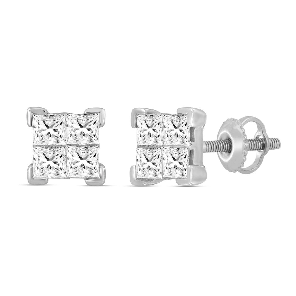 LADIES EARRINGS 1.00CT PRINCESS DIAMOND 10K WHITE GOLD 