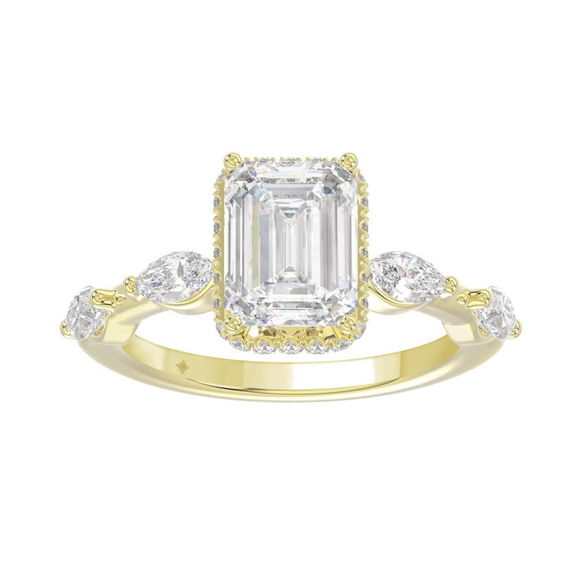 LADIES RING 3.50CT ROUND/MARQUISE/EMERALD DIAMOND 14K YELLOW GOLD (CENTER STONE EMERALD DIAMOND 3.00CT)