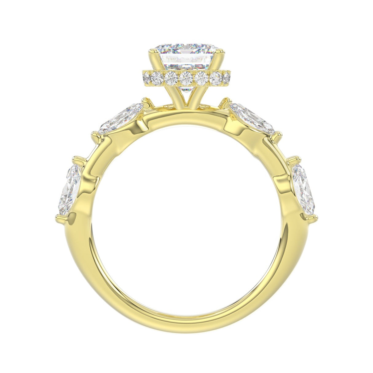 LADIES RING 3.50CT ROUND/MARQUISE/EMERALD DIAMOND 14K YELLOW GOLD (CENTER STONE EMERALD DIAMOND 3.00CT)