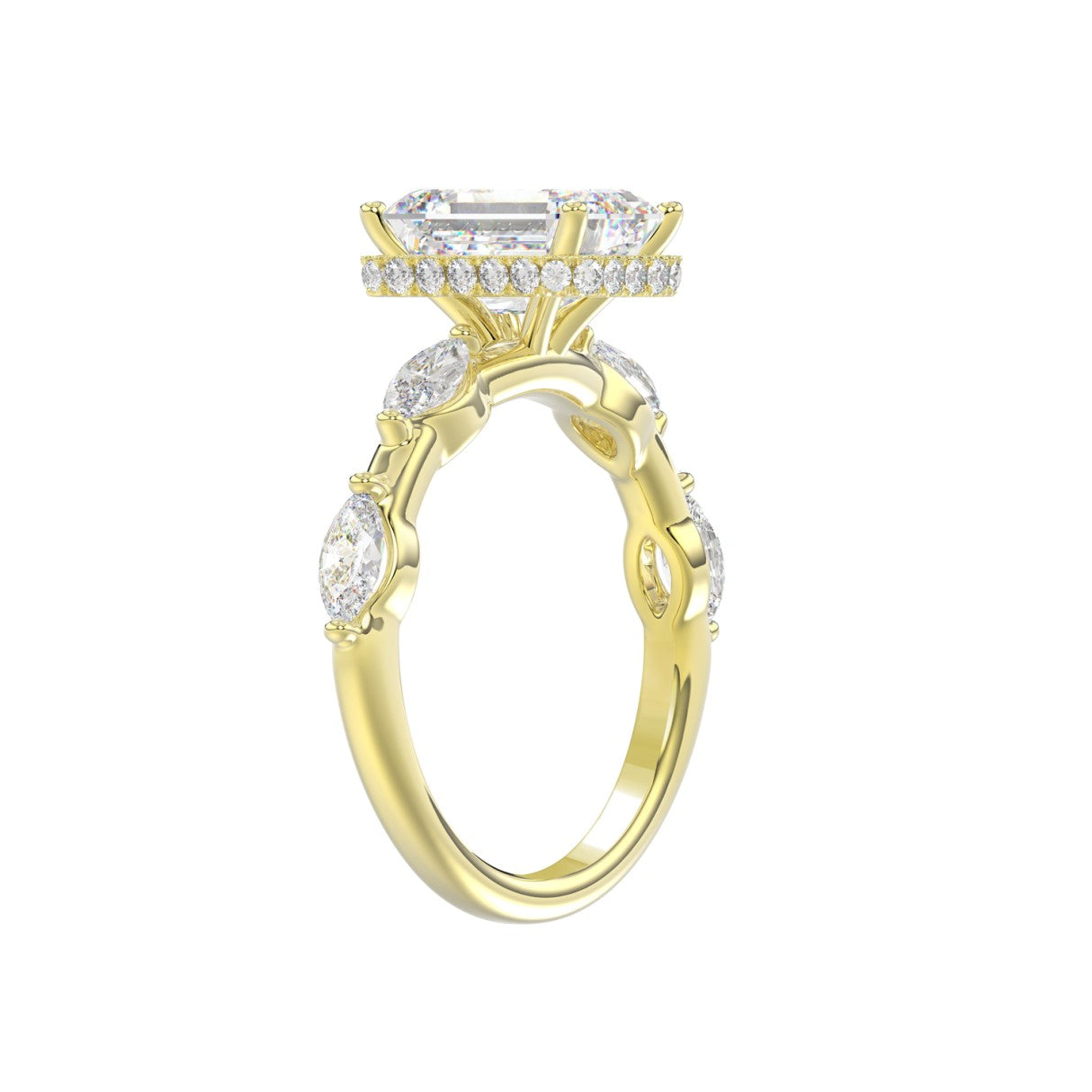 LADIES RING 3.50CT ROUND/MARQUISE/EMERALD DIAMOND 14K YELLOW GOLD (CENTER STONE EMERALD DIAMOND 3.00CT)