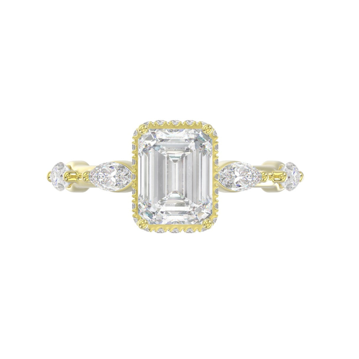 LADIES RING 3.50CT ROUND/MARQUISE/EMERALD DIAMOND 14K YELLOW GOLD (CENTER STONE EMERALD DIAMOND 3.00CT)