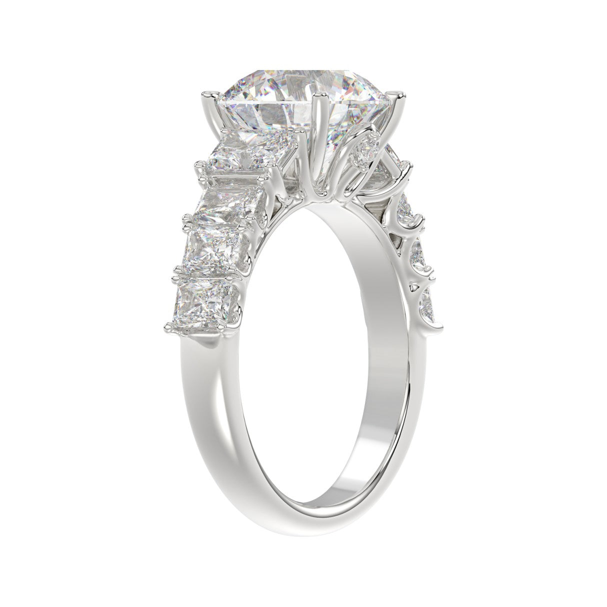 LADIES BRIDAL RING 4.75CT ROUND/EMERALD DIAMOND 14K WHITE GOLD (CENTER STONE ROUND DIAMOND 3.00CT)