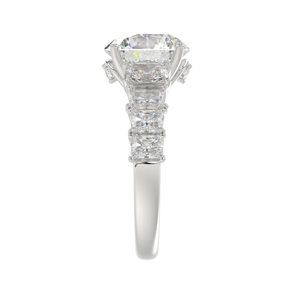 LADIES BRIDAL RING 4.75CT ROUND/EMERALD DIAMOND 14K WHITE GOLD (CENTER STONE ROUND DIAMOND 3.00CT)