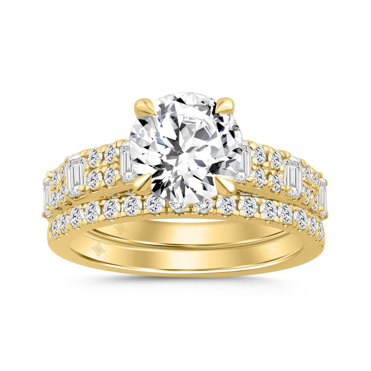 14K YELLOW GOLD 3.00CT ROUND/EMERALD DIAMOND LADIES BRIDAL SET (CENTER STONE ROUND DIAMOND 2.00CT)