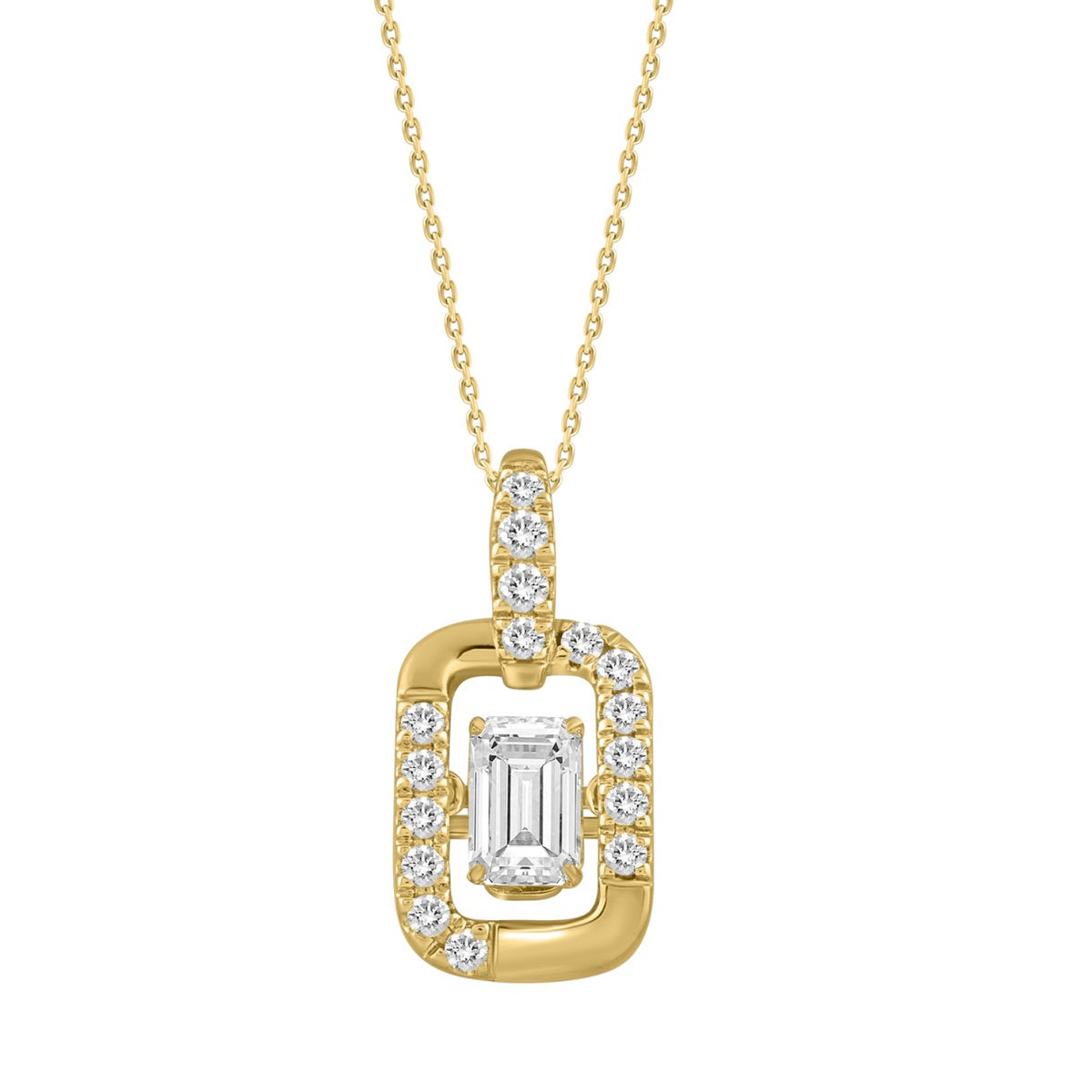 14K YELLOW GOLD 3/4CT ROUND/EMERALD DIAMOND LADIES PENDANT WITH CHAIN (CENTER STONE EMERALD DIAMOND 1/2CT)