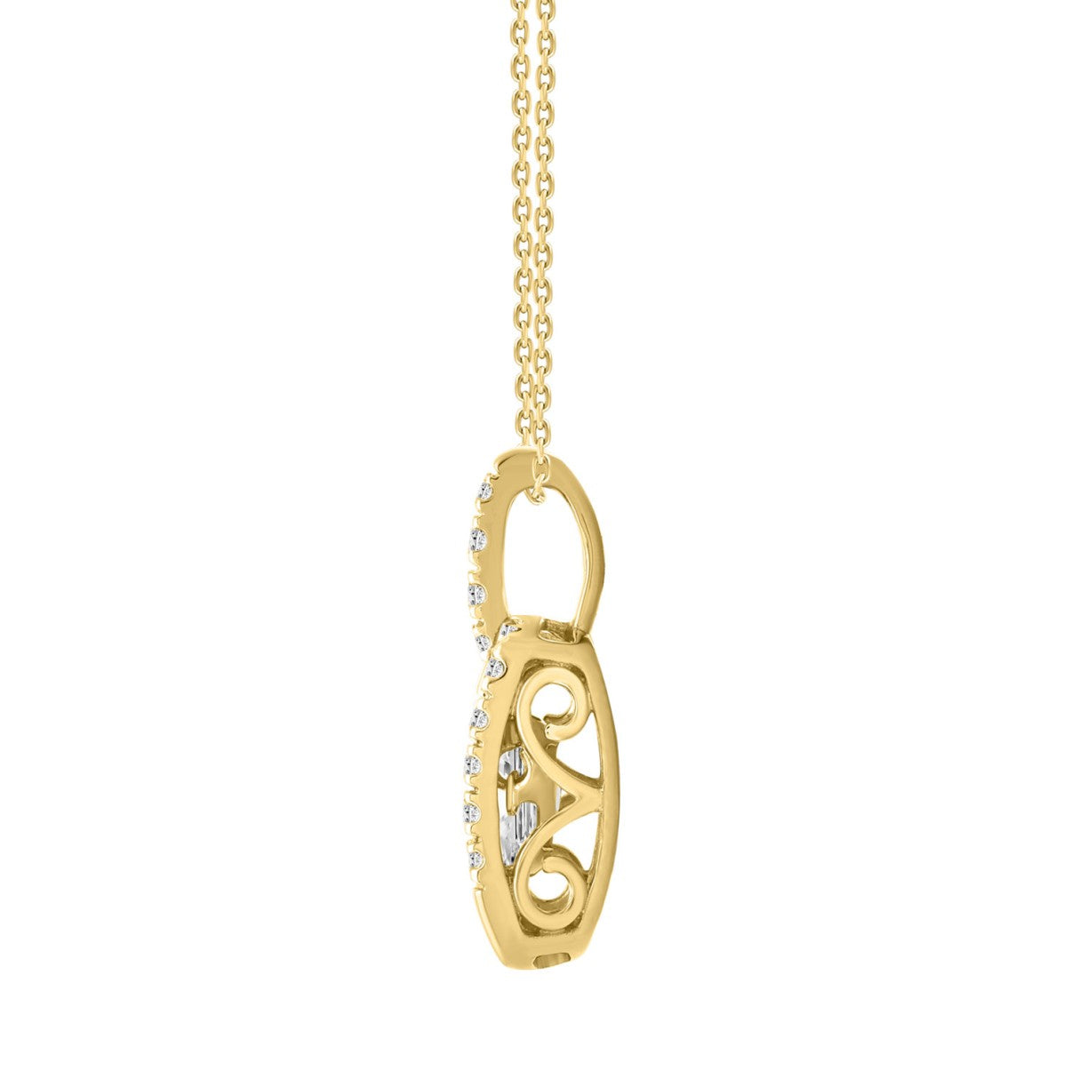 14K YELLOW GOLD 3/4CT ROUND/EMERALD DIAMOND LADIES PENDANT WITH CHAIN (CENTER STONE EMERALD DIAMOND 1/2CT)