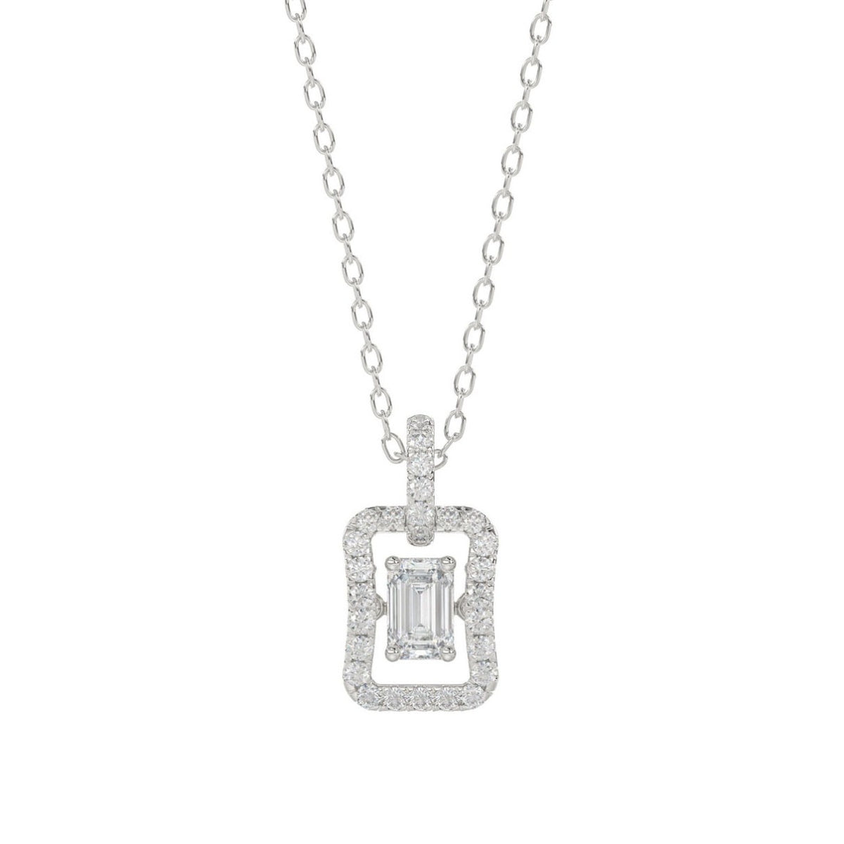 LADIES DANCING DIAMOND PENDANT WITH CHAIN 3/4CT ROUND/EMERALD DIAMOND 14K WHITE GOLD (CENTER STONE EMERALD DIAMOND 1/2CT)