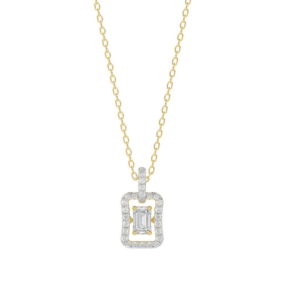 LADIES DANCING DIAMOND PENDANT WITH CHAIN 3/4CT ROUND/EMERALD DIAMOND 14K YELLOW GOLD (CENTER STONE EMERALD DIAMOND 1/2CT)
