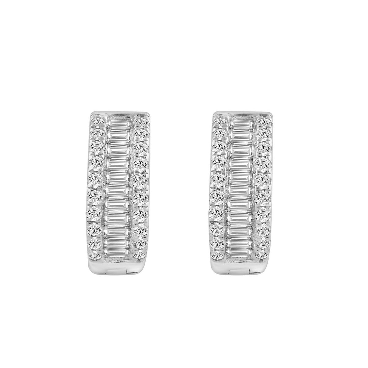 LADIES HOOP EARRINGS 0.40CT ROUND/BAGUETTE DIAMOND 14K WHITE GOLD 