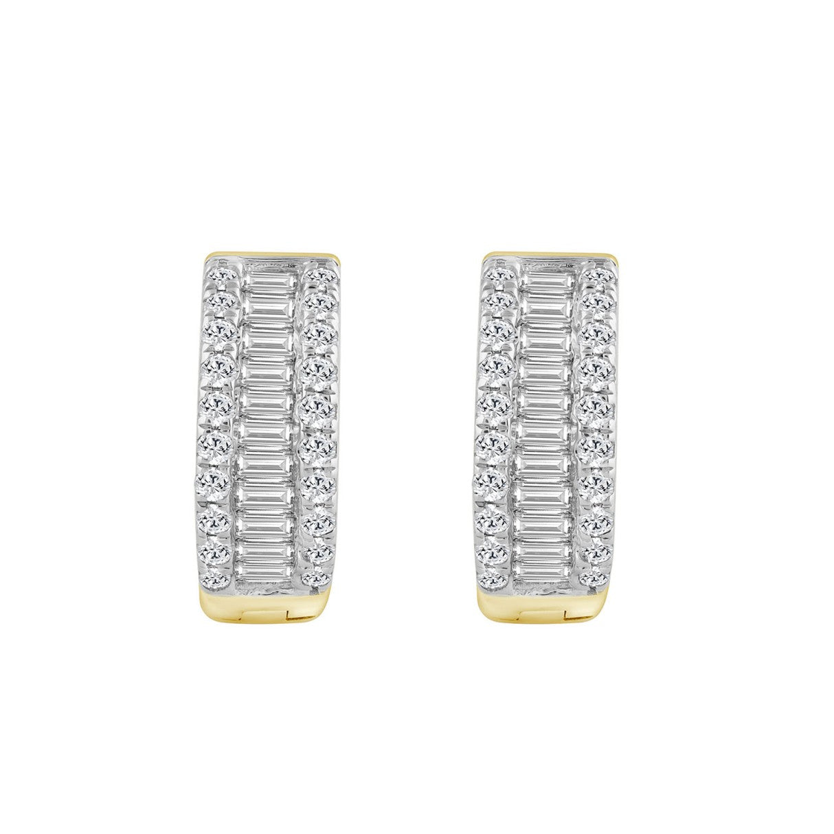 LADIES HOOP EARRINGS 0.40CT ROUND/BAGUETTE DIAMOND 14K YELLOW GOLD 